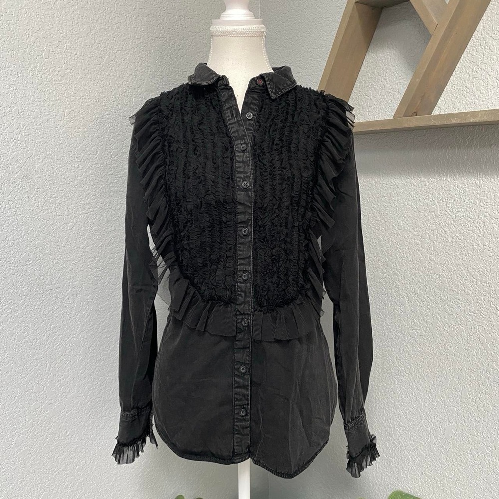 PILCRO ANTHROPOLOGIE BLACK TULLE RUFFLE BUTTON DOWN SHIRT BLOUSE LONG SLEEVE